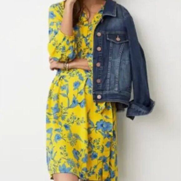 CAbi Dresses & Skirts - Cabi Women's Lemon Drop Yellow Blue Midi Floral Long Sleeve Dress Size Small